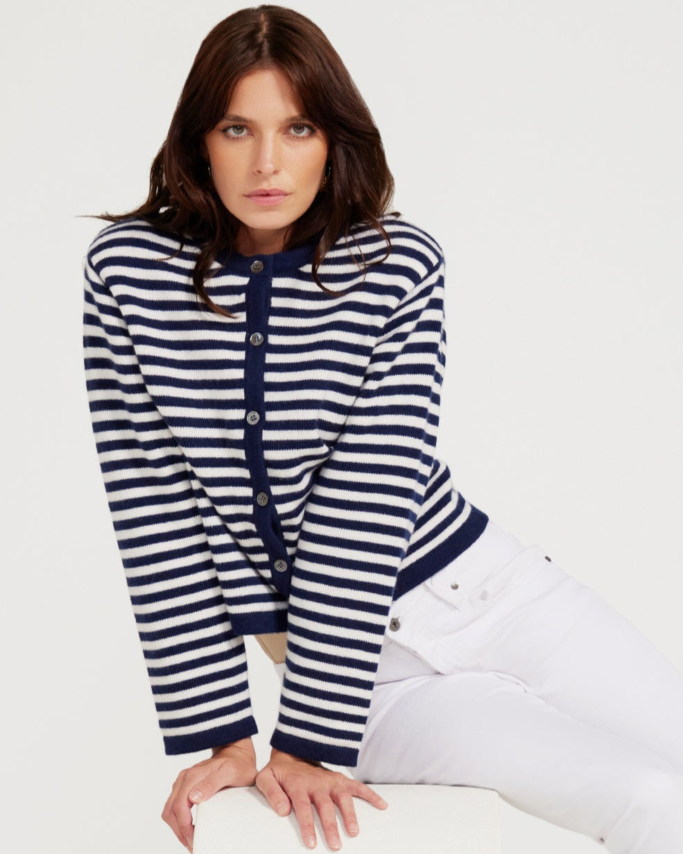 Stripe Cardigan In Cotton & Cashmere - Navy Blue & White Stripe