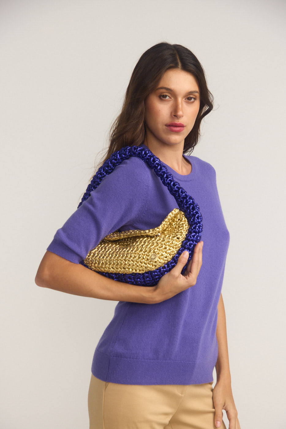 Normandy Metallic Gold Purple Crochet Hobo Bag