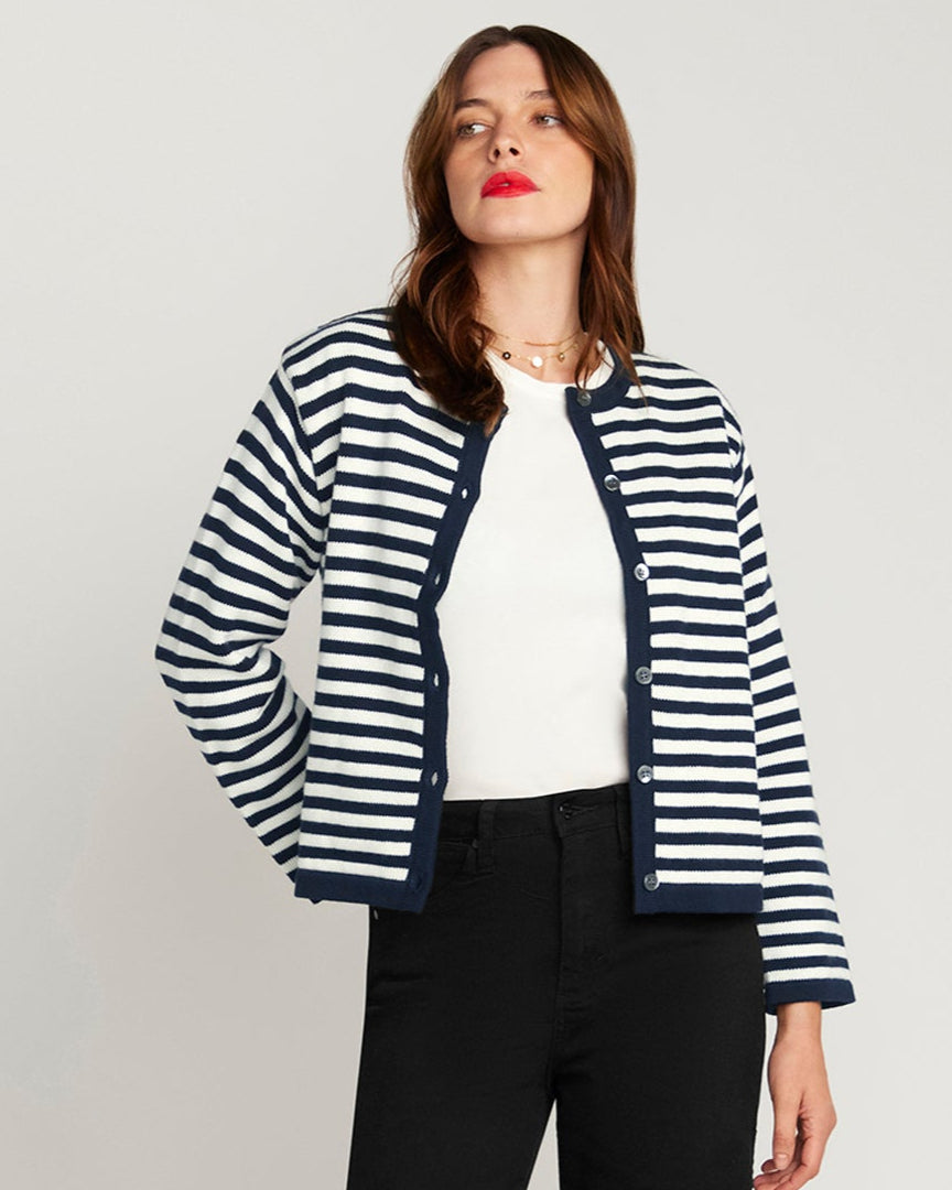 Stripe Cardigan In Cotton & Cashmere - Navy Blue & White Stripe
