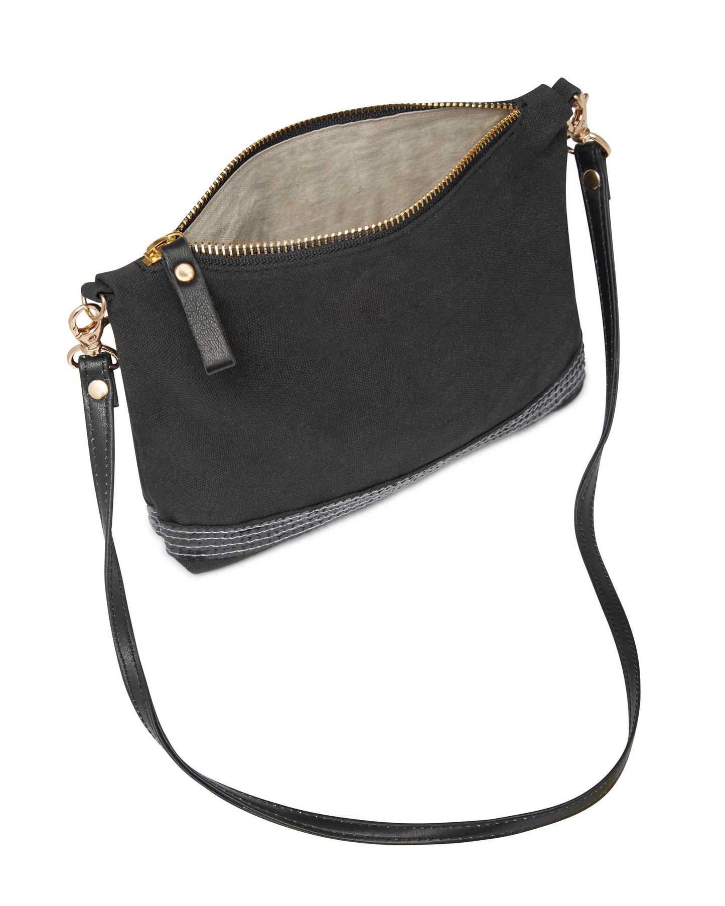 Clutch Bags Pochette - 100% Cotton Canvas With Sequin Trim and Leather Strap Black