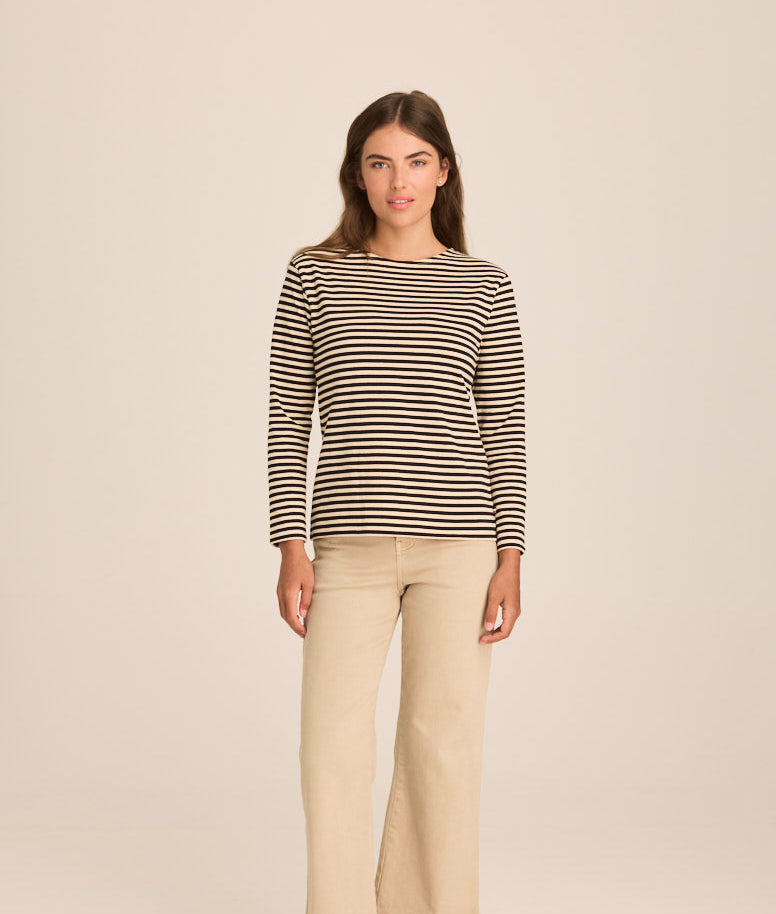 Breton Boat Neck Top- Sand and Black Stripe PREORDER MID FEB