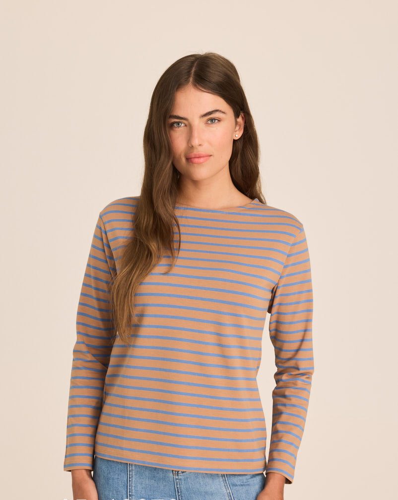 Breton Boat Neck Top- Mocha and Blue Stripe PREORDER MID FEB