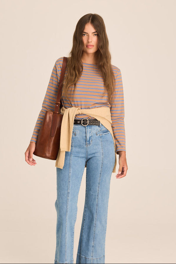 Breton Boat Neck Top- Mocha and Blue Stripe PREORDER MID FEB
