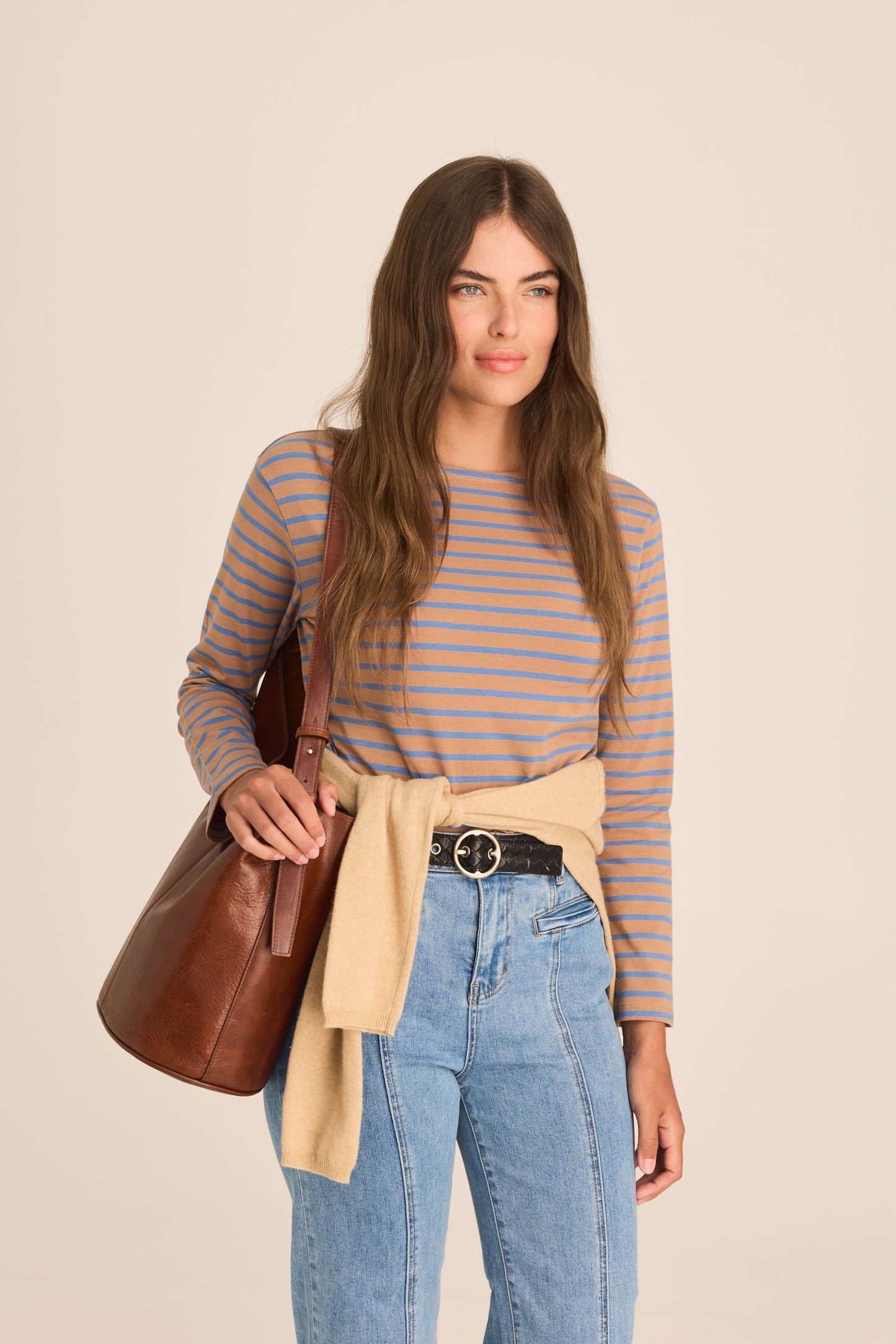 Breton Boat Neck Top- Mocha and blue stripe