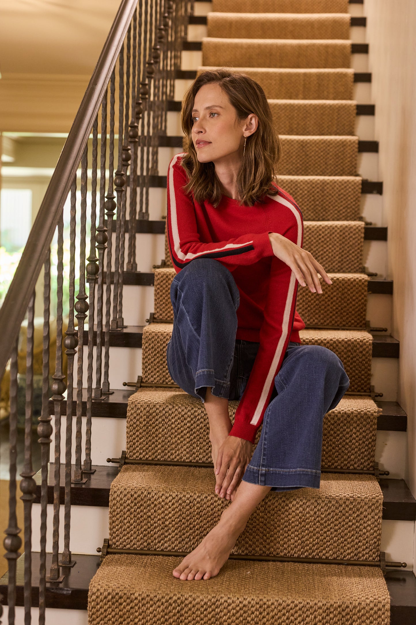 Cashmere & Wool French Racer Crewneck Sweater - RED