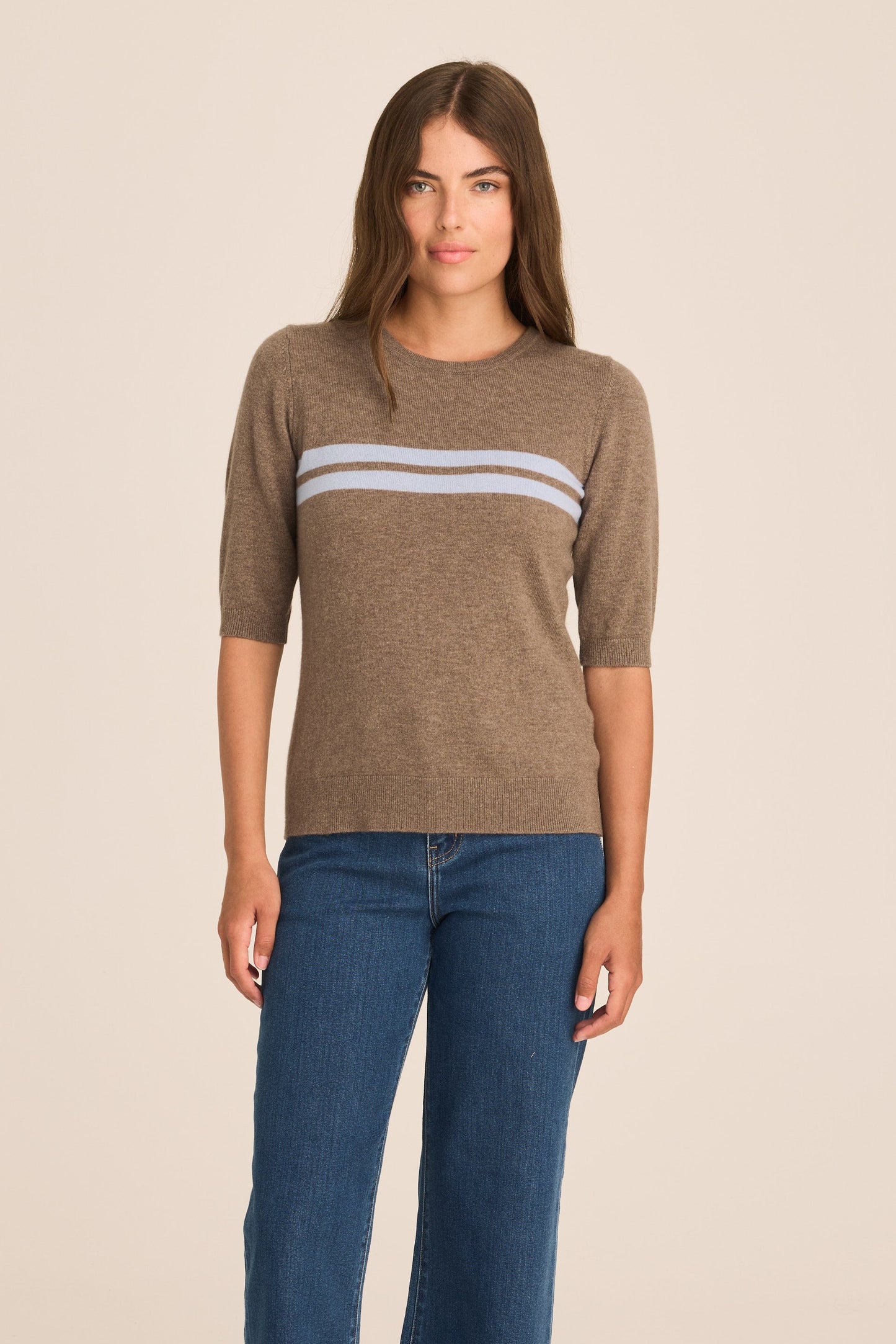 Margaux Knit Top Cashmere & Wool - Mocha latté with Sky Stripe