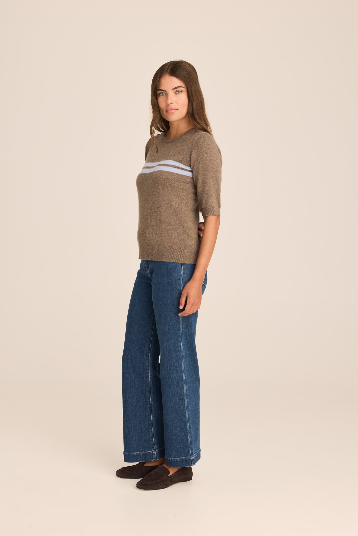 Margaux Knit Top Cashmere & Wool - Mocha latté with Sky Stripe