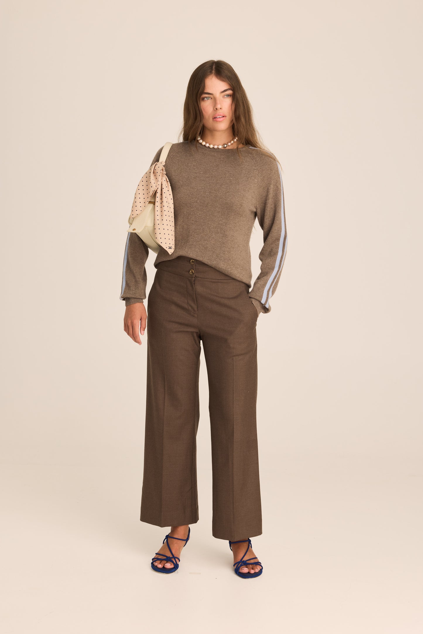Cashmere & Wool French Racer Crewneck Sweater- Mocha Latté