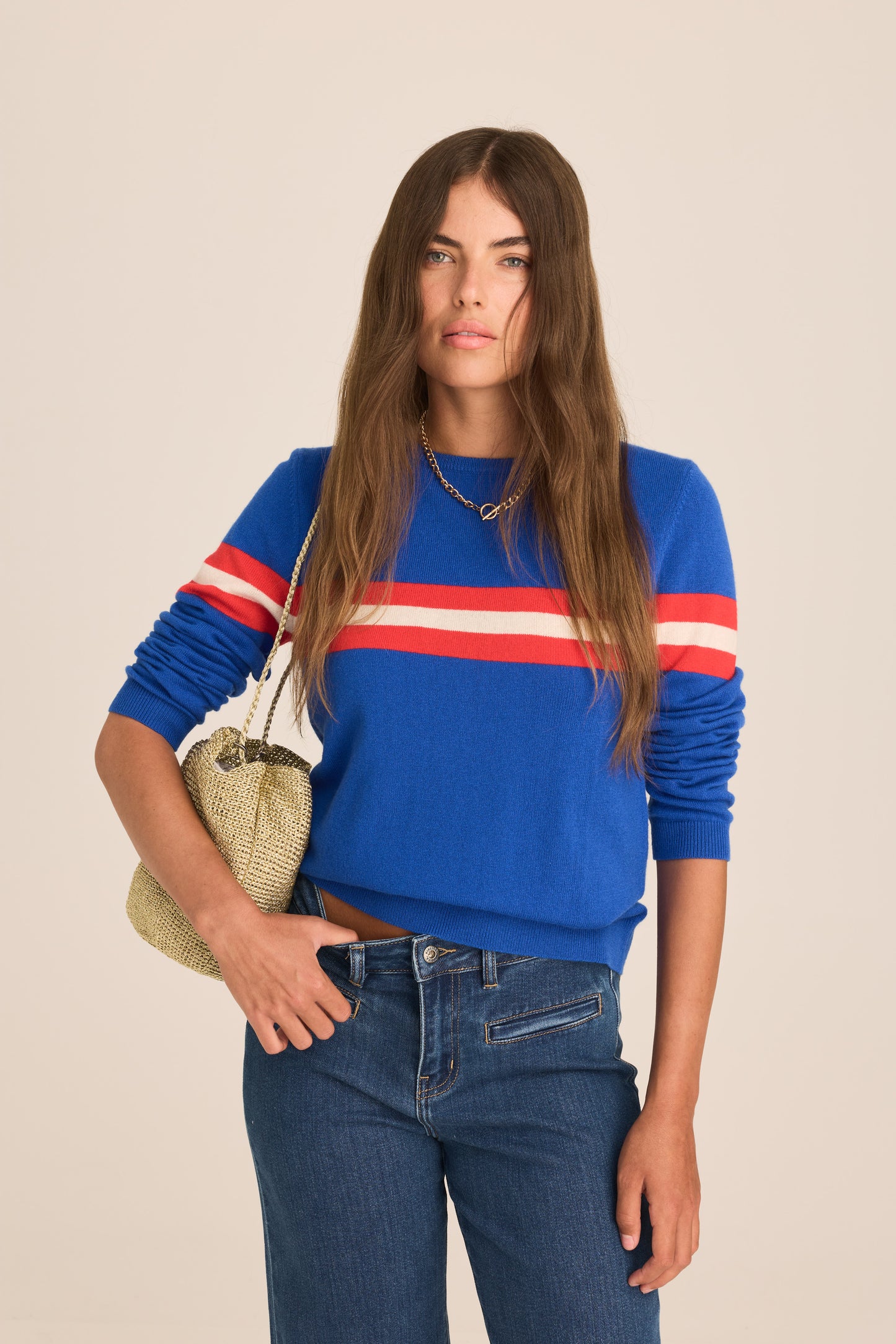 Cashmere & Wool French Racer Crewneck Sweater - Royal Blue