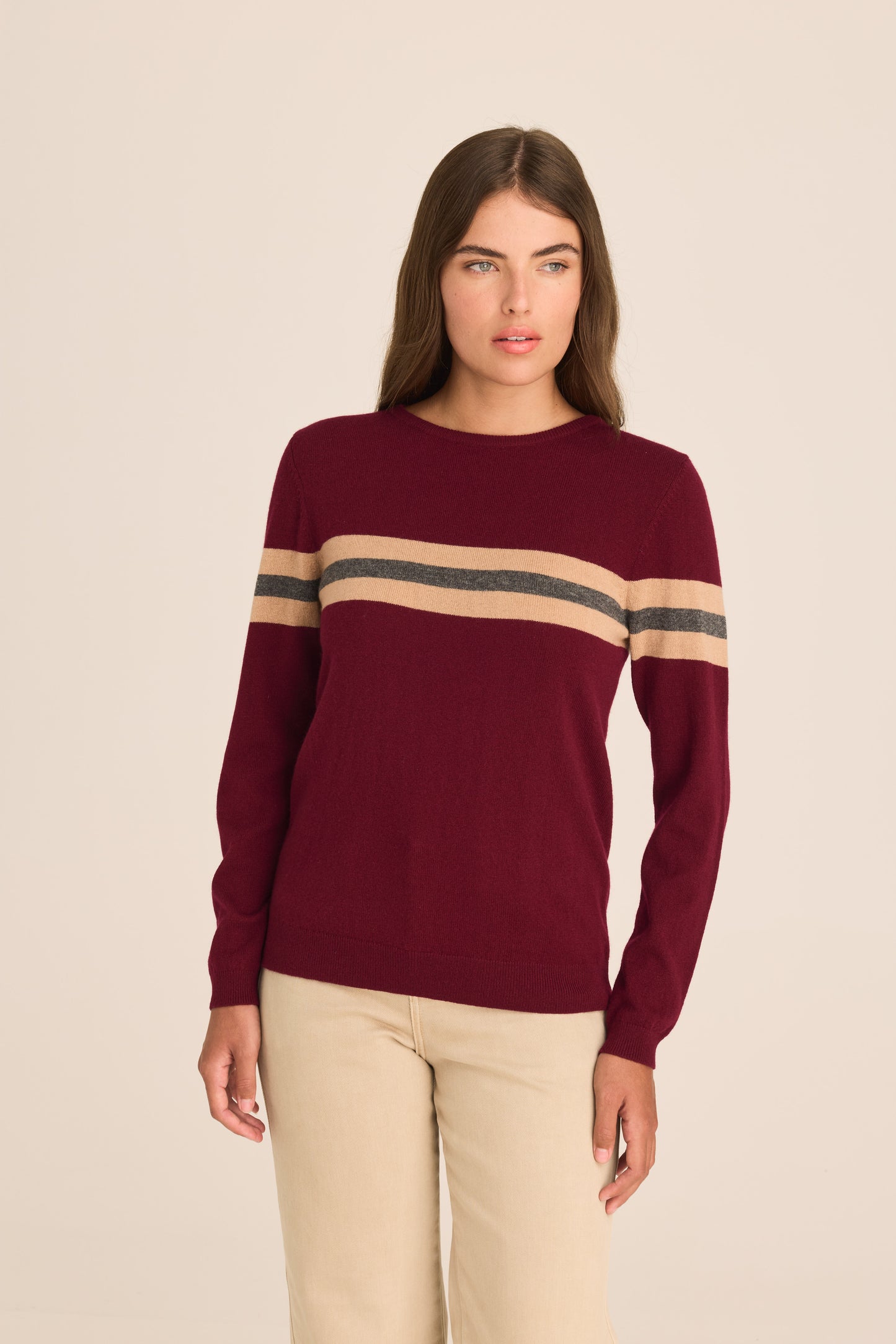 Cashmere & Wool French Racer Crewneck Sweater- Burgundy