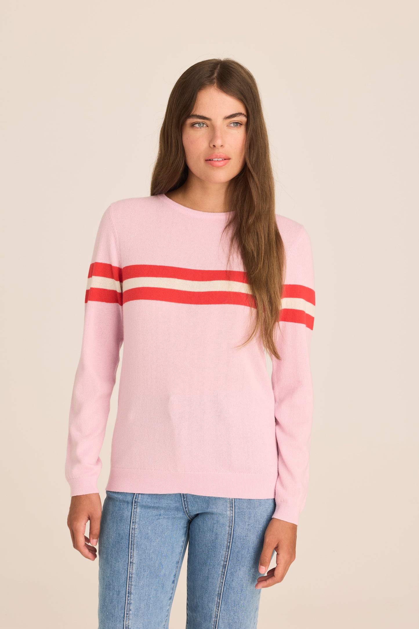 Cashmere & Wool French Racer Crewneck Sweater - PINK