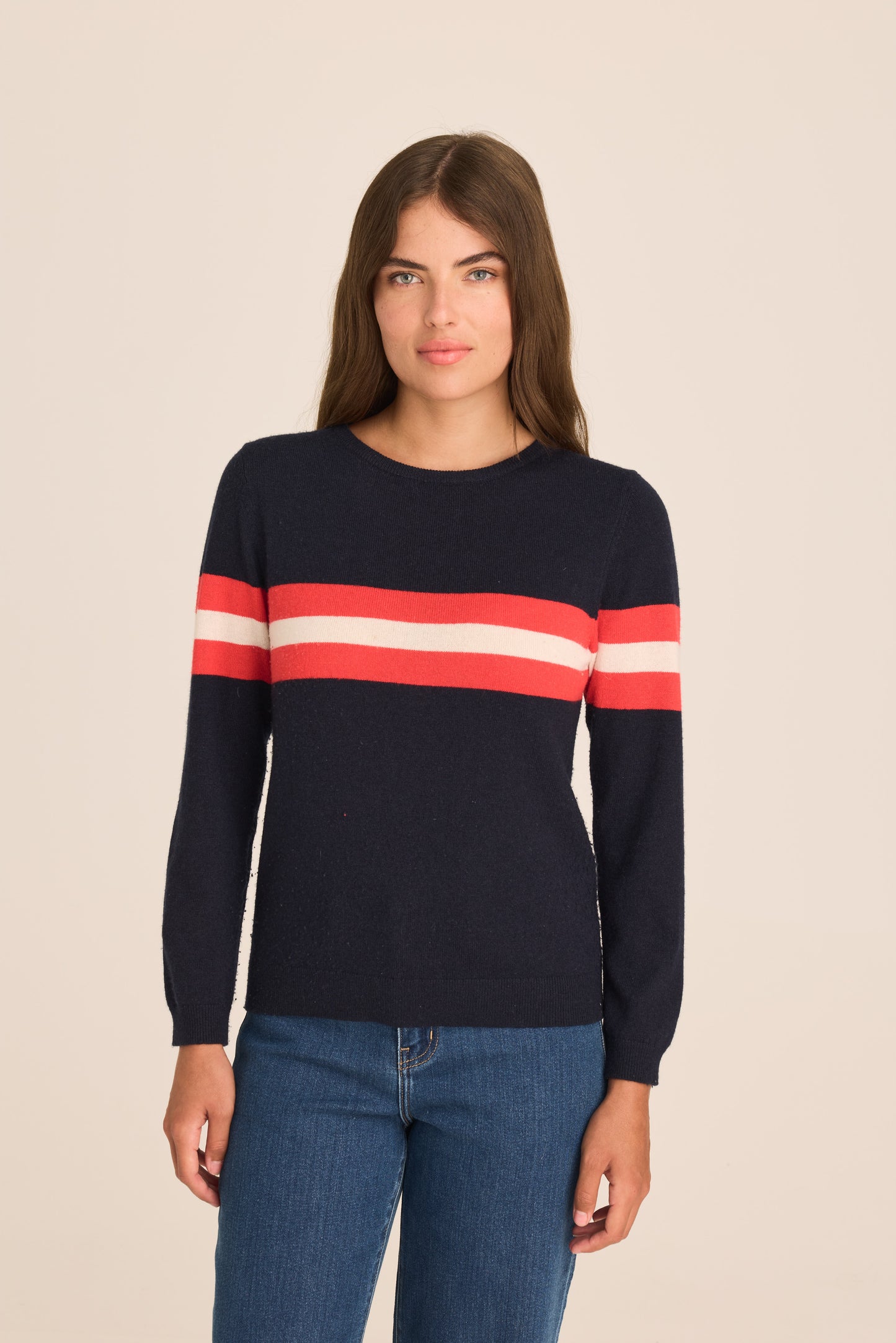 Cashmere & Wool French Racer Crewneck Sweater-Navy