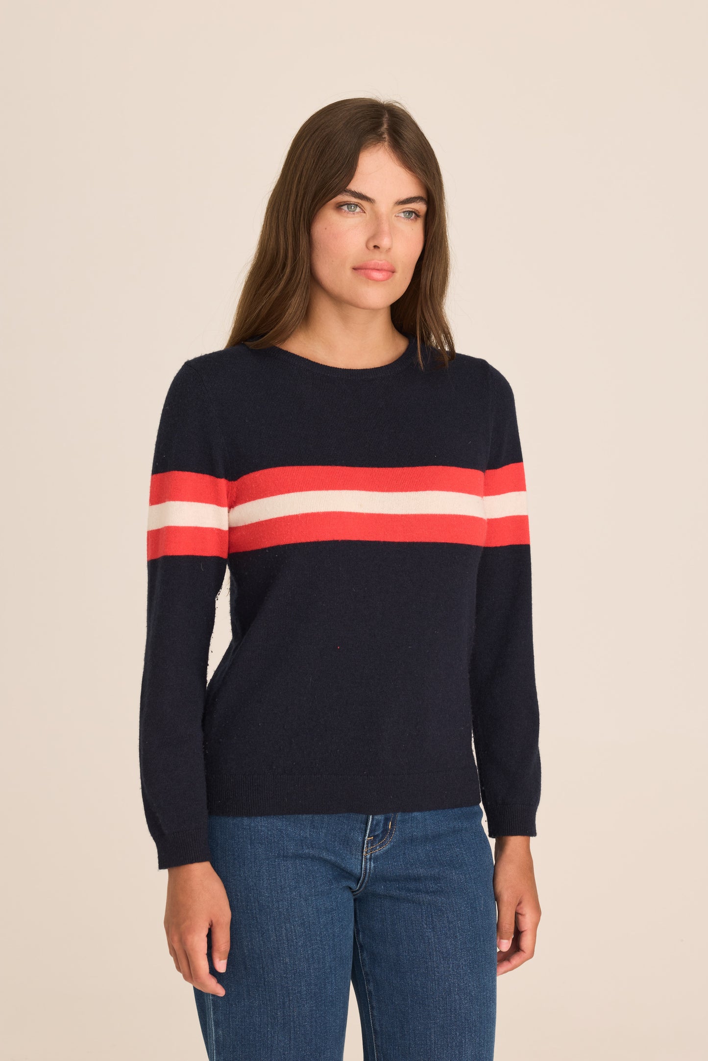 Cashmere & Wool French Racer Crewneck Sweater-Navy