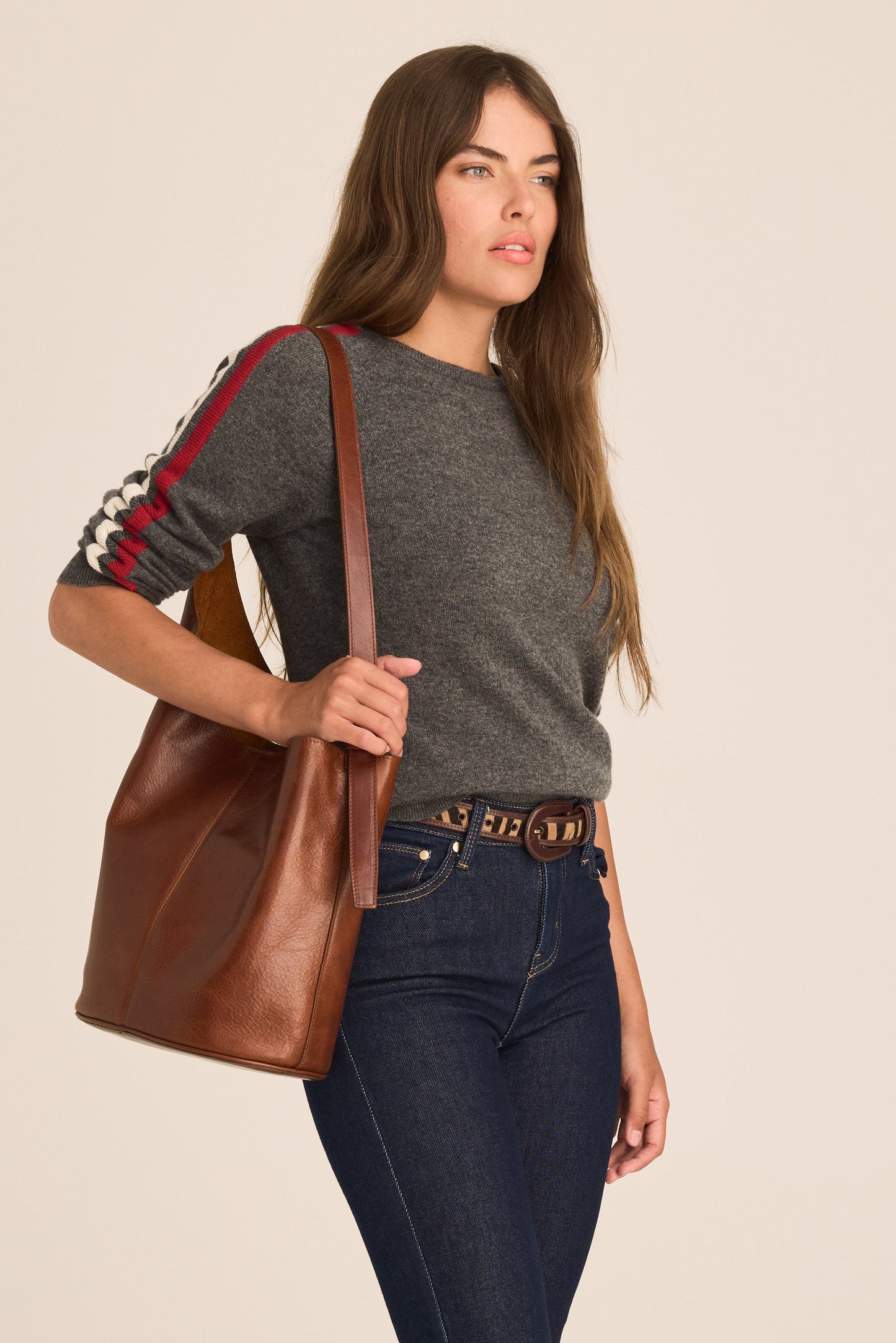 Cashmere & Wool French Racer Crewneck Sweater- Grey