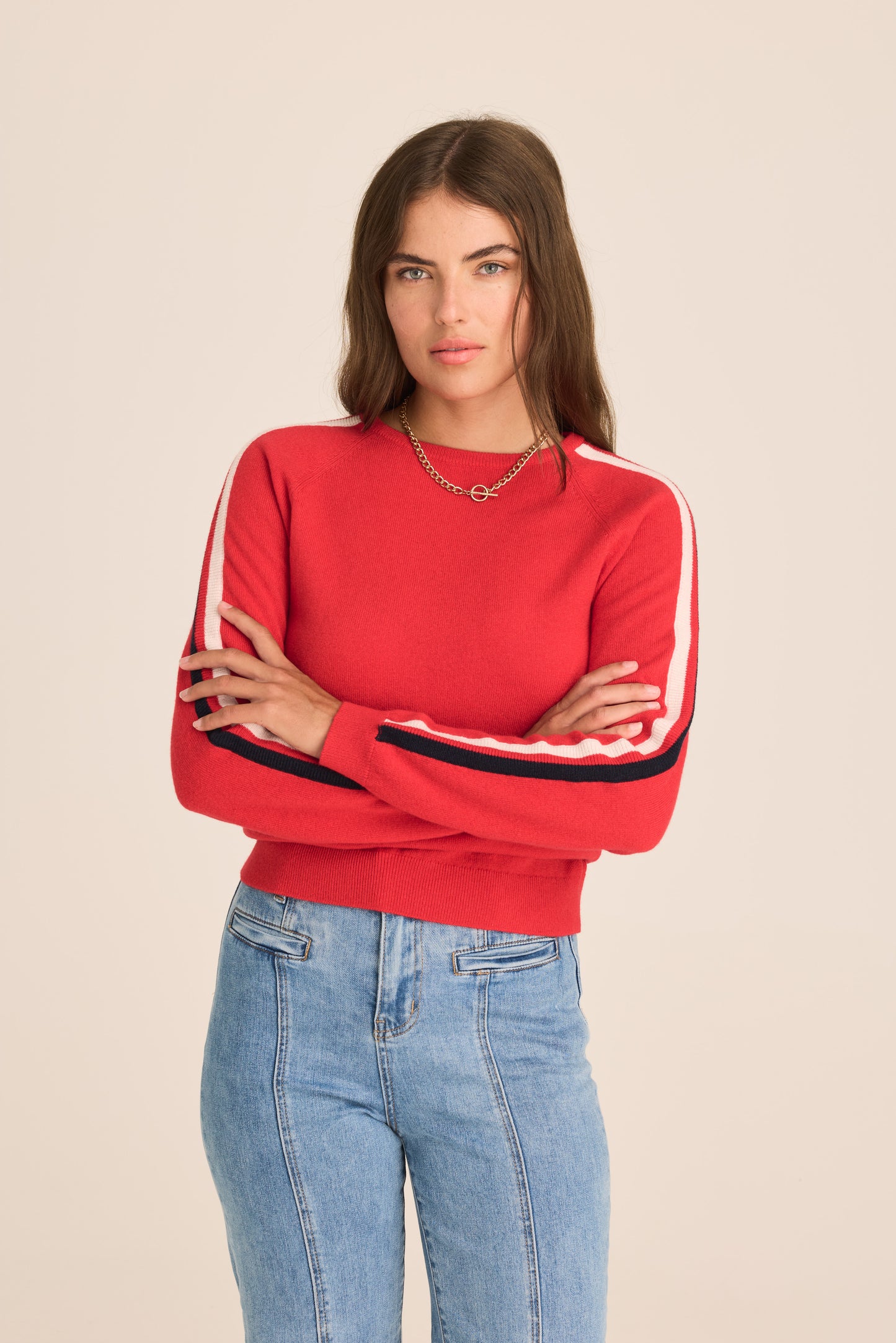 Cashmere & Wool French Racer Crewneck Sweater - RED