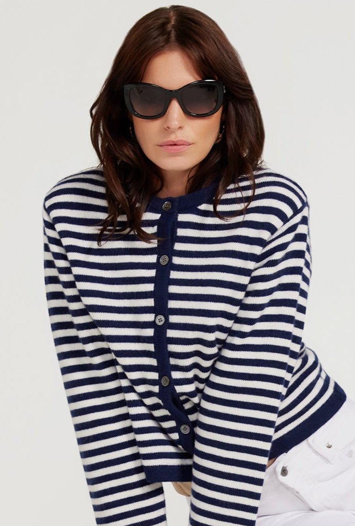 Stripe Cardigan In Cotton & Cashmere - Navy Blue & White Stripe