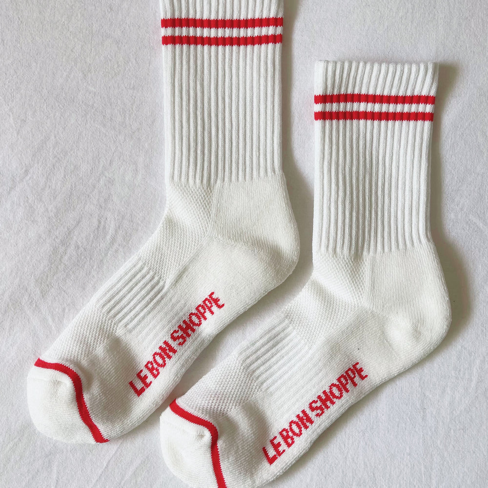 
                      
                        Boyfriend Socks White base Red Stripe
                      
                    