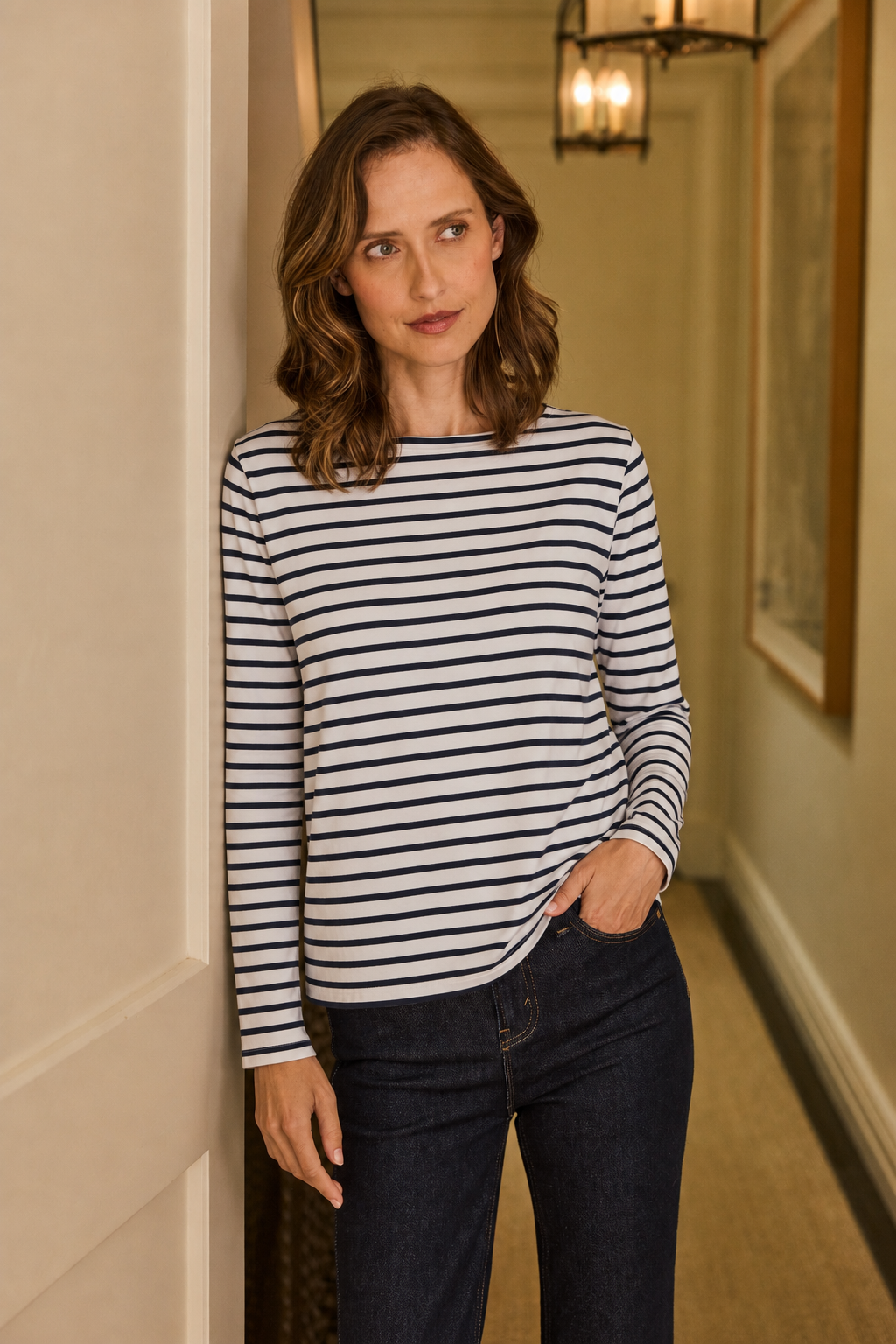 French Breton Boat Neck Top- White Base Navy Blue Stripe
