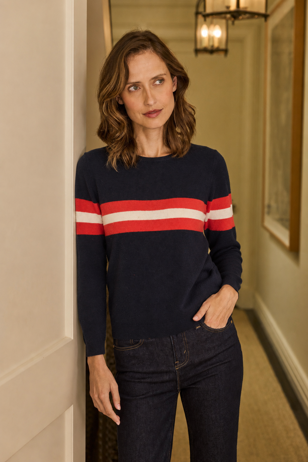 Cashmere & Wool French Racer Crewneck Sweater-Navy