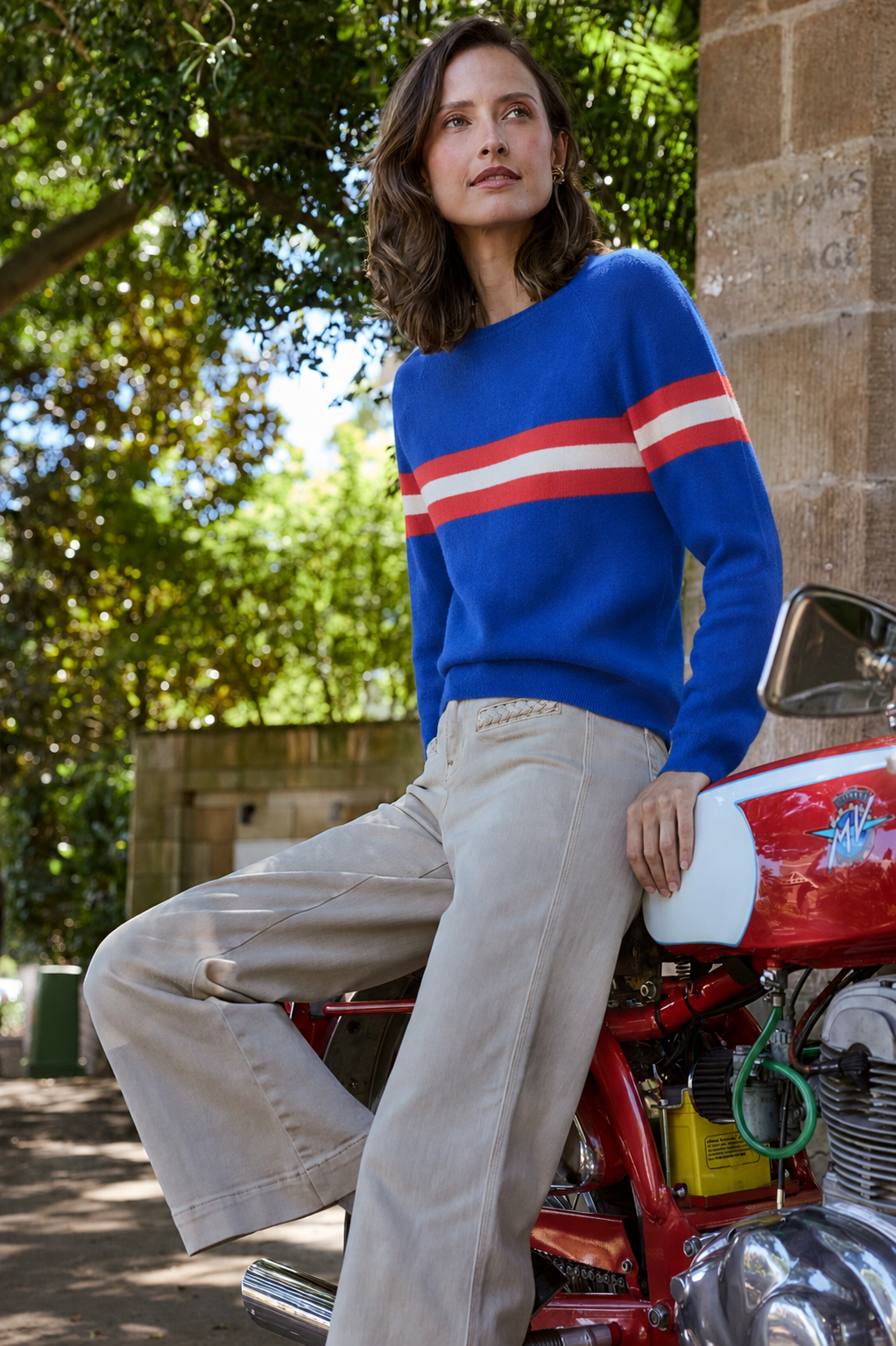 Cashmere & Wool French Racer Crewneck Sweater - Royal Blue