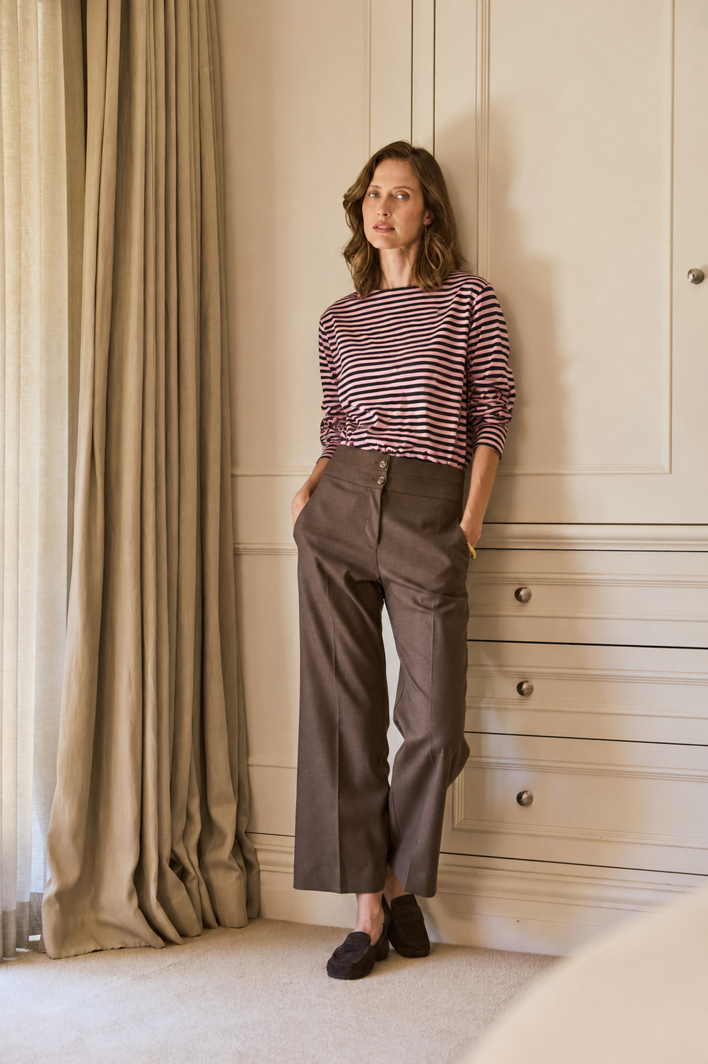 Breton Boat Neck Top- Musk Pink & Brown Stripe