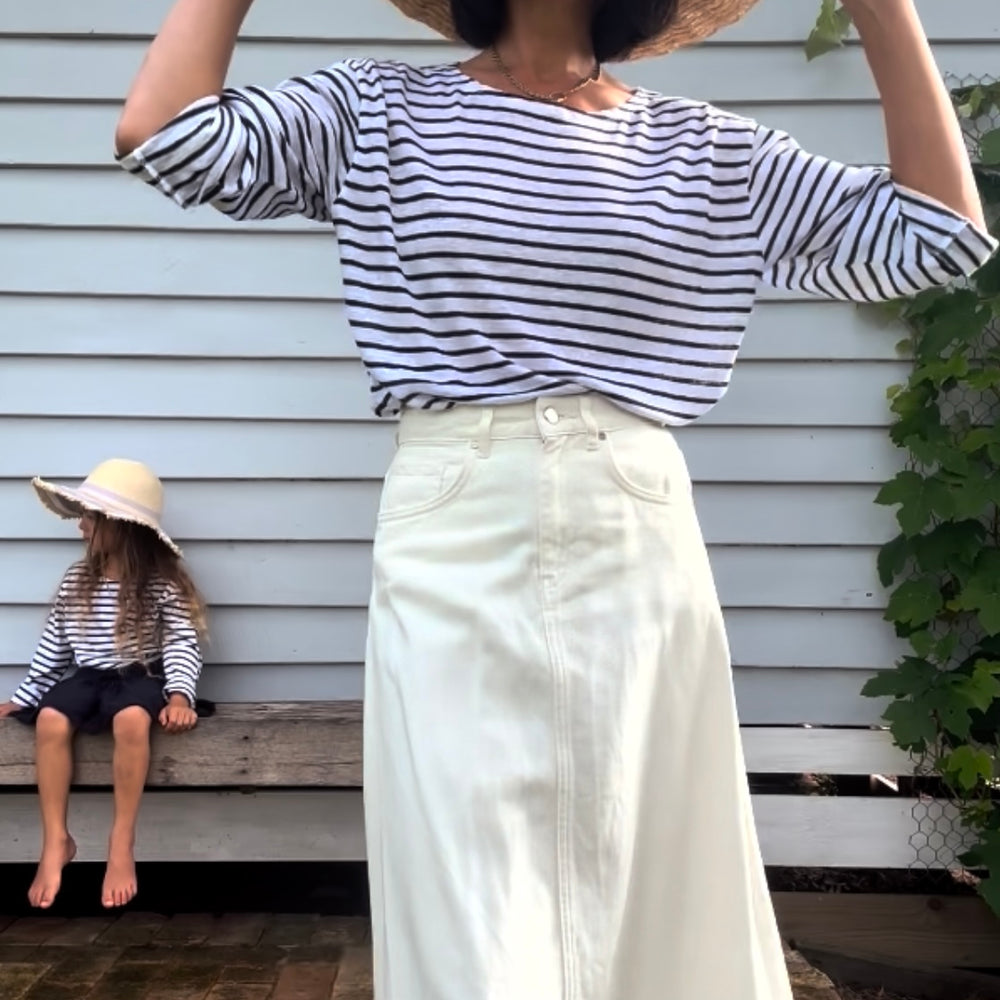French LINEN Breton Boat Neck Top- White Base Navy Stripe