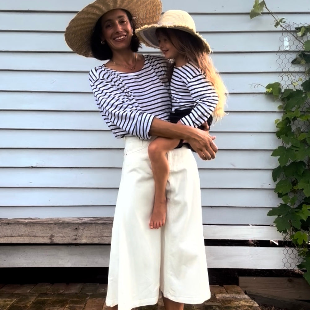 French LINEN Breton Boat Neck Top- White Base Navy Stripe