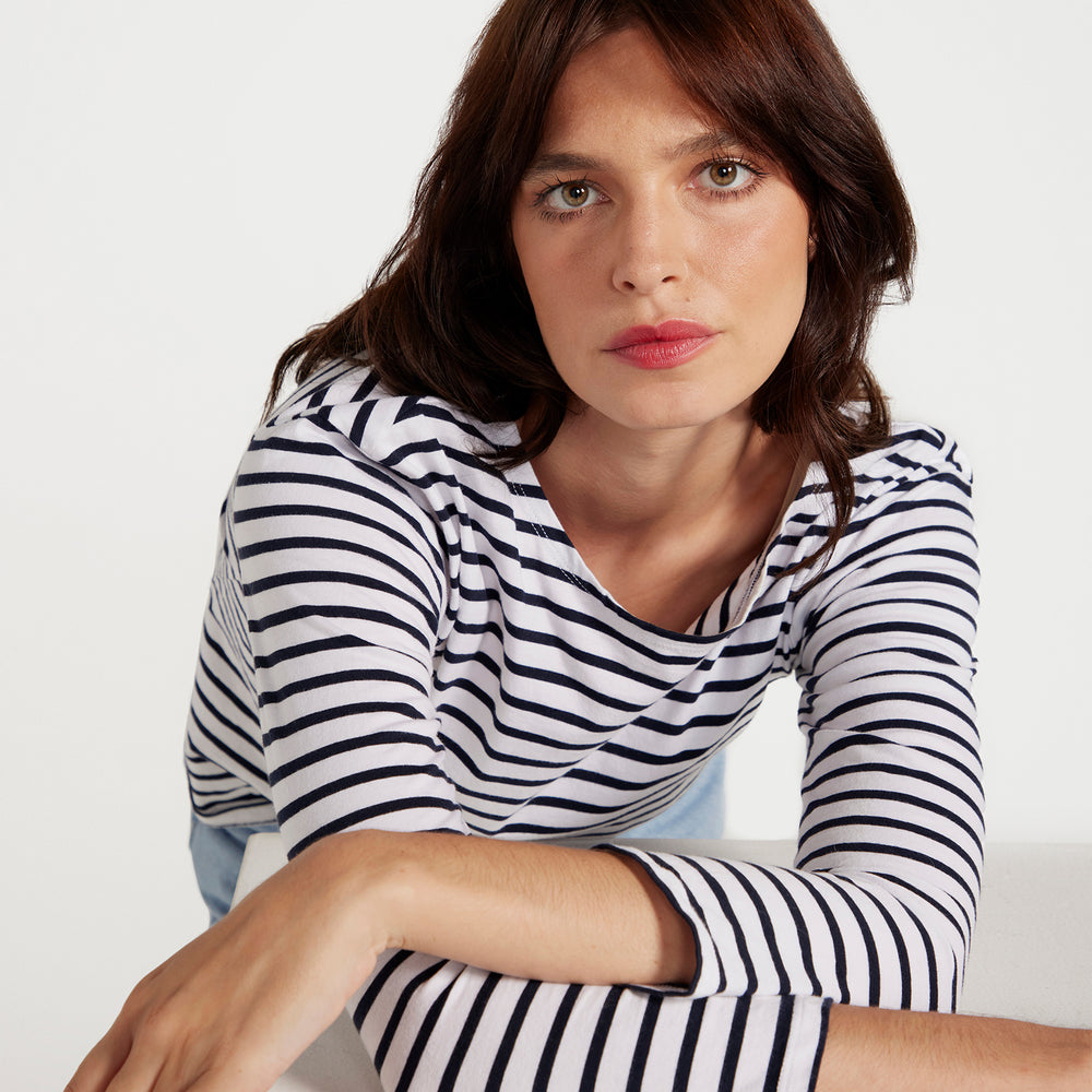 
                      
                        French Breton Boat Neck Top- White Base Navy Blue Stripe
                      
                    