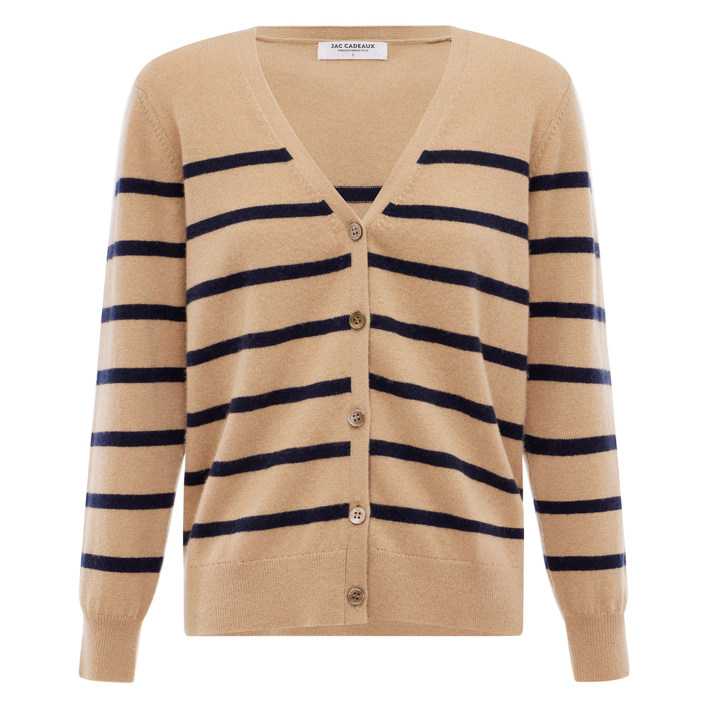 
                      
                        Capucine Stripe Cardigan In Cashmere & Wool - Hazelnut base Navy Stripe
                      
                    