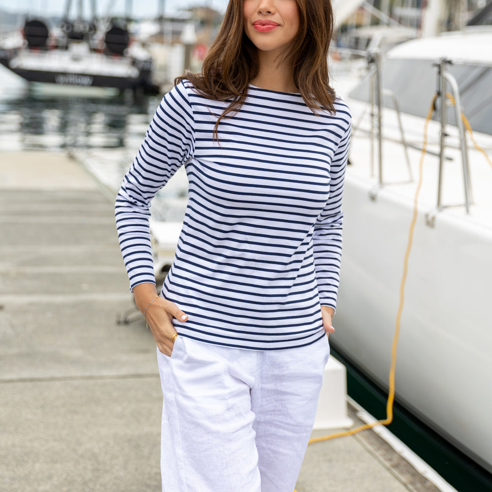 
                      
                        French Breton Boat Neck Top- White Base Navy Blue Stripe
                      
                    