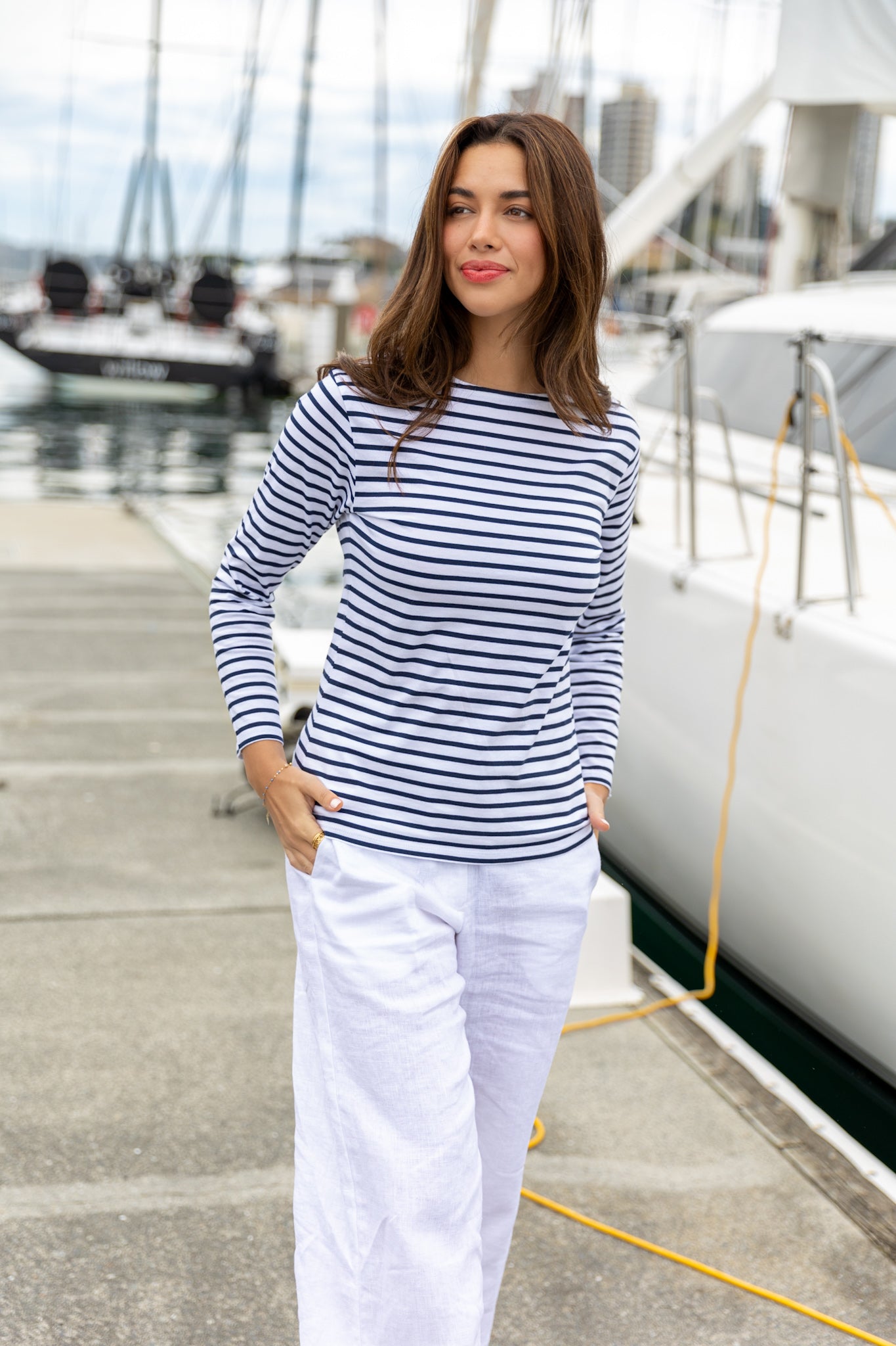 French Breton Boat Neck Top- White Base Navy Blue Stripe