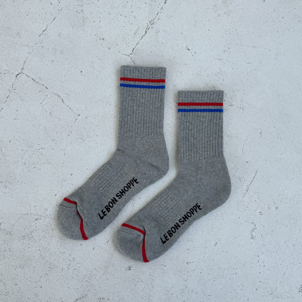 
                      
                        Boyfriend Socks Grey Base Blue/Red Stripe
                      
                    