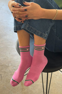 Embroidered Girlfriend Socks Striped Socks - Rose Pink + Heart