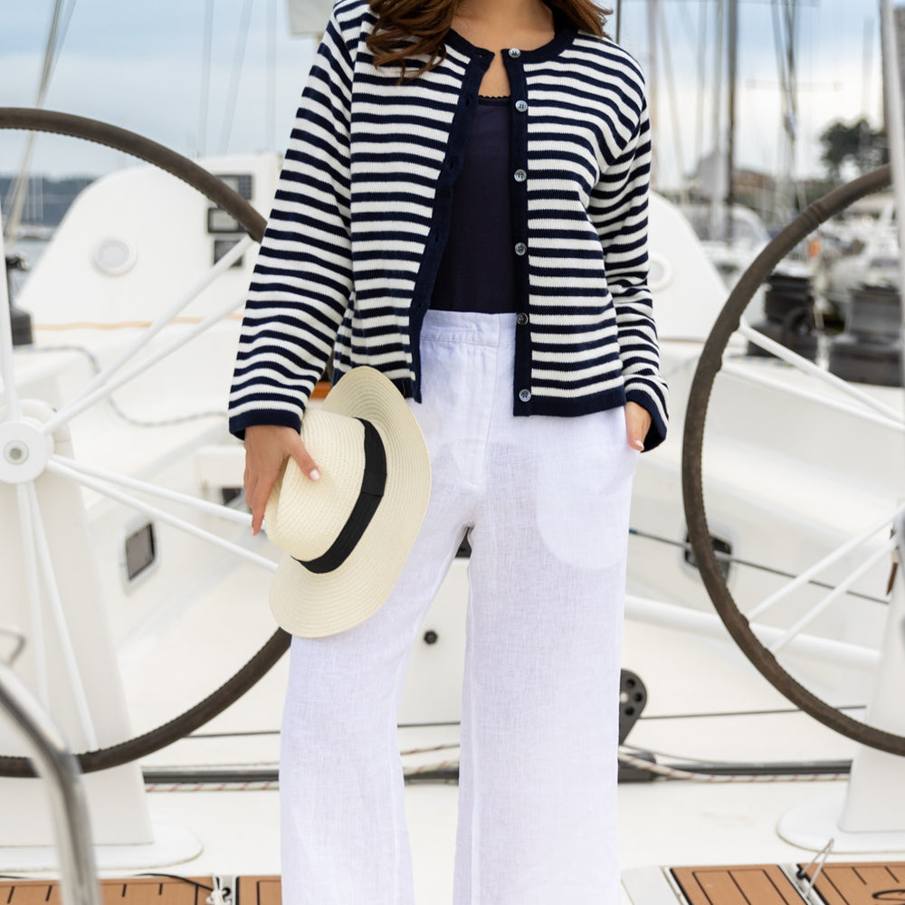 
                      
                        Stripe Cardigan In Cotton & Cashmere - Navy Blue & White Stripe
                      
                    