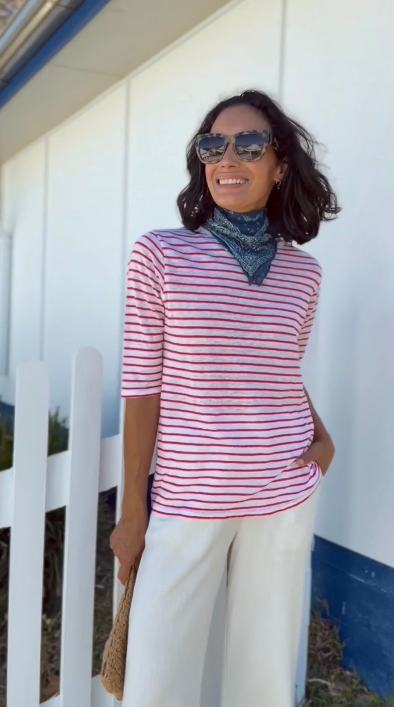 French LINEN Breton tee White base red stripe