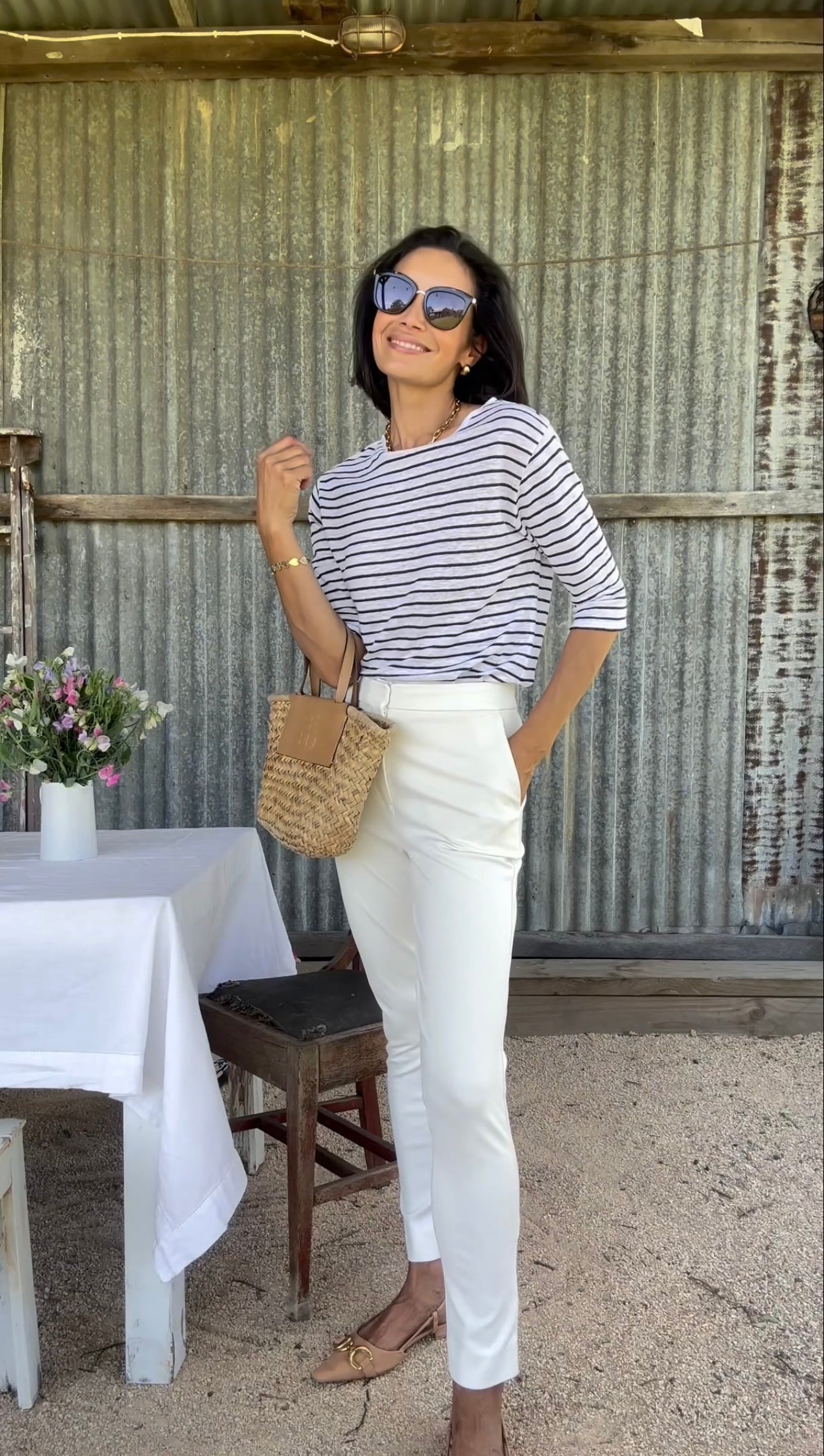 French LINEN Breton Boat Neck Tee - White Base navy Stripe Tee