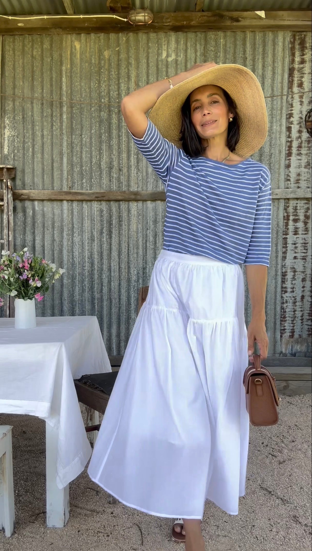 French LINEN Breton Boat Neck Tee- Cornflower base White Stripe Tee