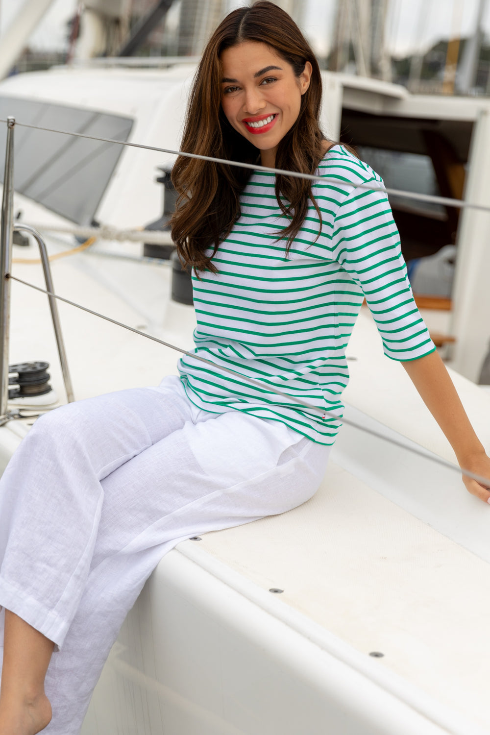 Green Breton Stripe French Tee White Base Green Stripe