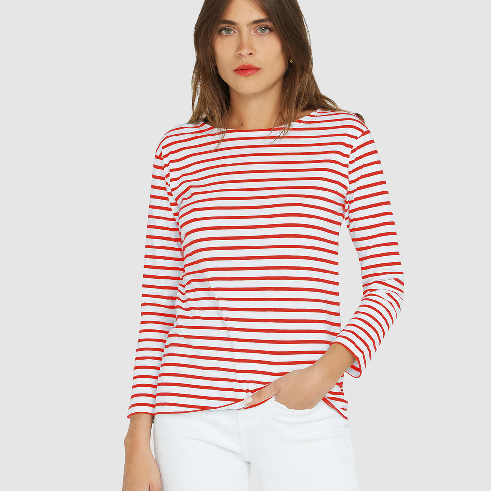 
                      
                        French Breton Boat Neck Top- White Base Red Stripe
                      
                    