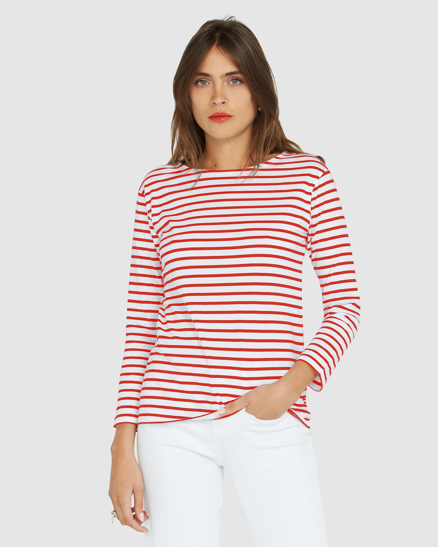 French Breton Boat Neck Top- Red Stripe White Base is