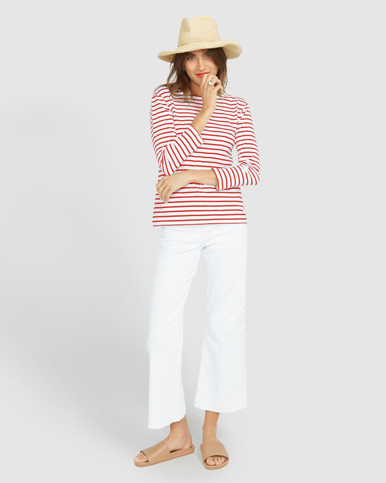 Load image into Gallery viewer, French Breton Boat Neck Top- Red Stripe White Base
