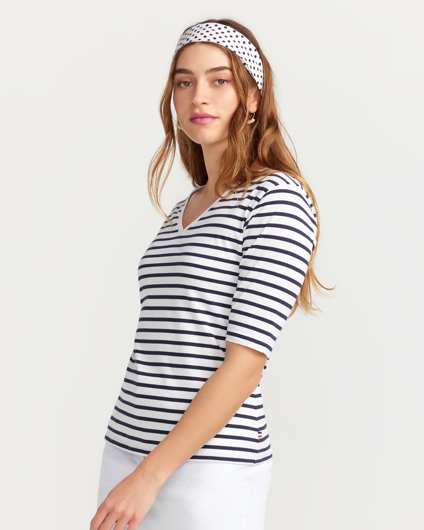 Load image into Gallery viewer, La Bouvier Navy Stripe French Tee - V-Neck I’m
