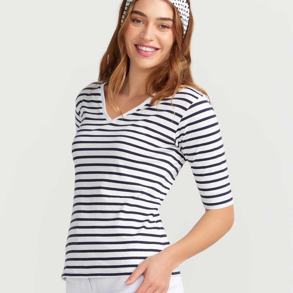 
                      
                        La Bouvier Navy Stripe French Tee - V-Neck
                      
                    