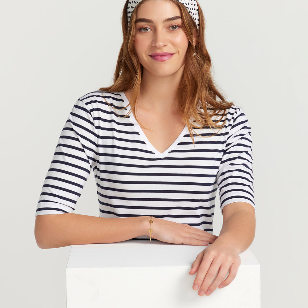 
                      
                        La Bouvier Navy Stripe French Tee - V-Neck
                      
                    