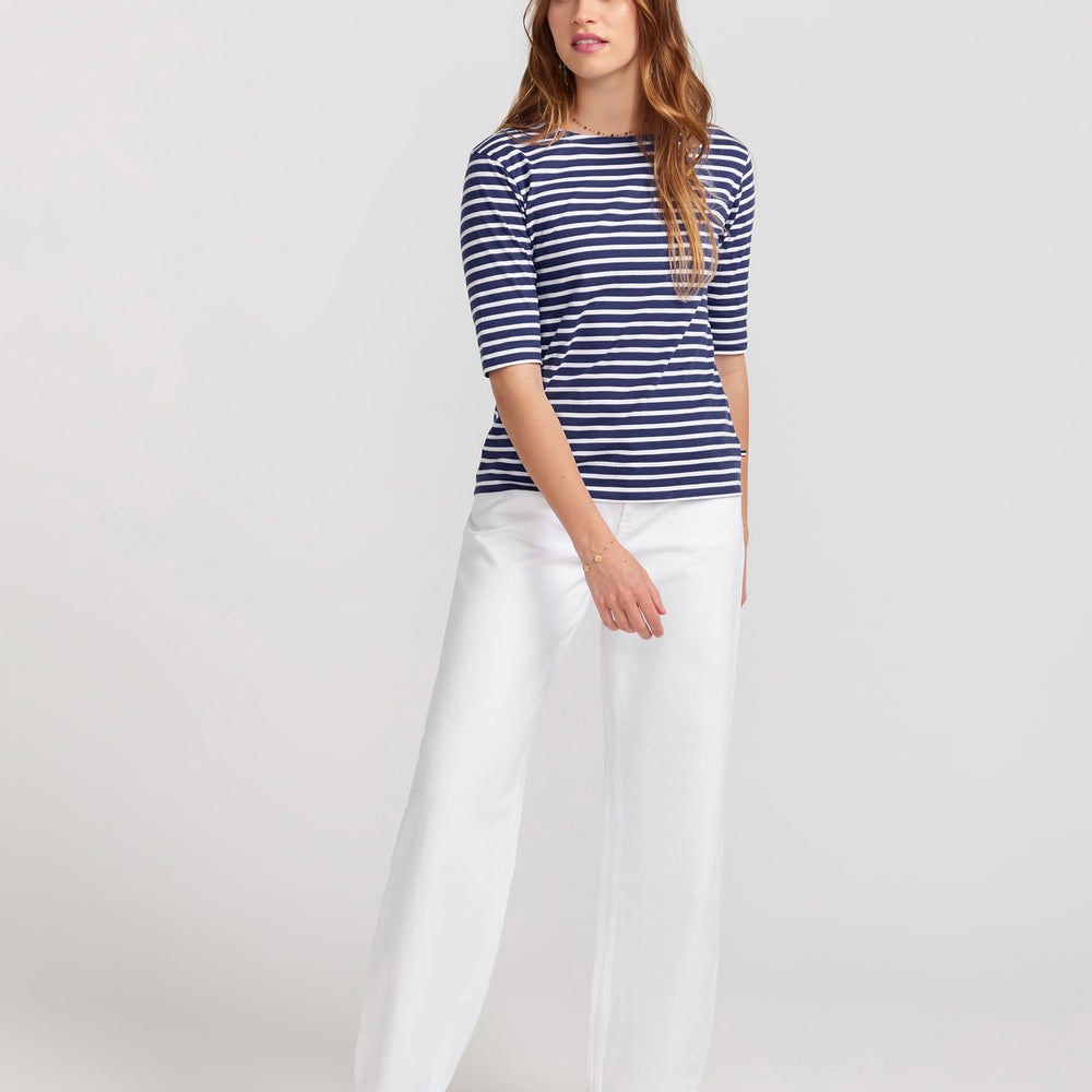 
                      
                        La Bouvier Navy Base White Stripe French Tee - Boat Neck neck
                      
                    