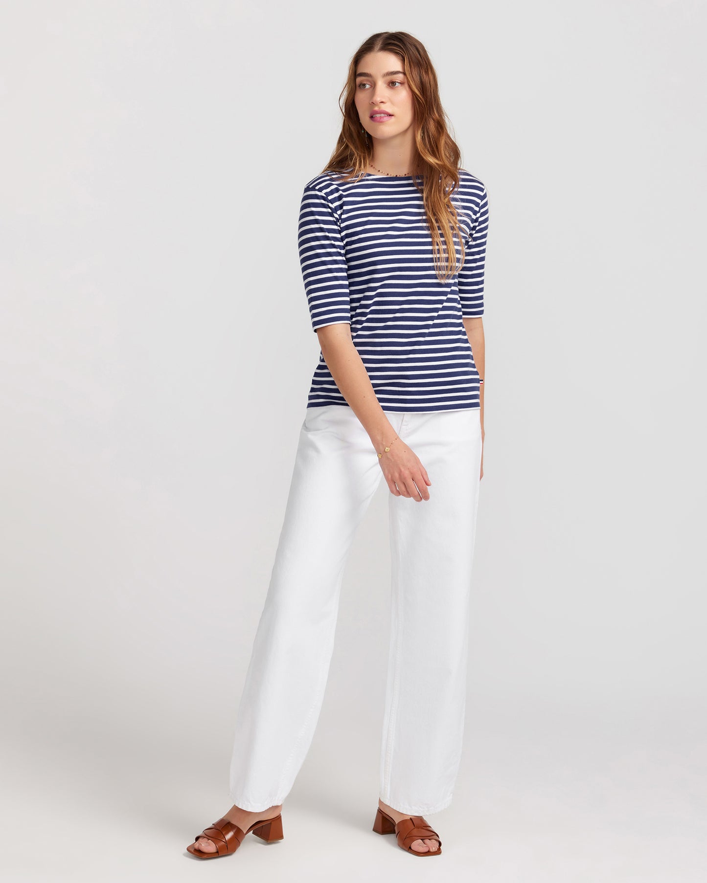 La Bouvier Navy Base White Stripe French Tee - Boat Neck neck