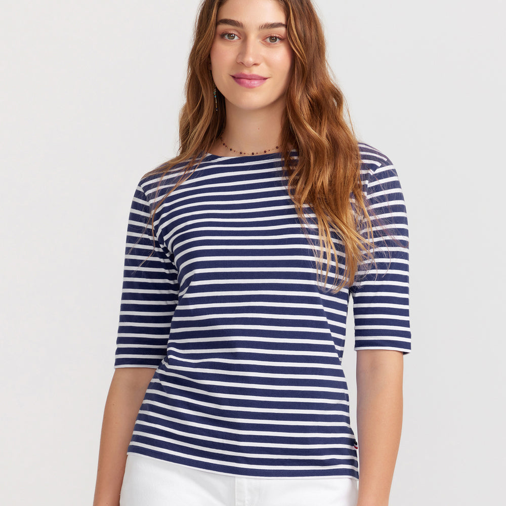 La Bouvier Navy Base White Stripe French Tee - Boat Neck neck