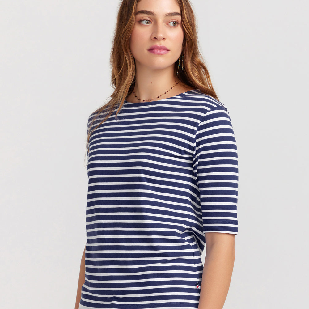 
                      
                        La Bouvier Navy Base White Stripe French Tee - Boat Neck neck
                      
                    