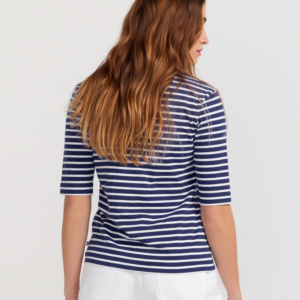 
                      
                        La Bouvier Navy Base White Stripe French Tee - Boat Neck neck
                      
                    