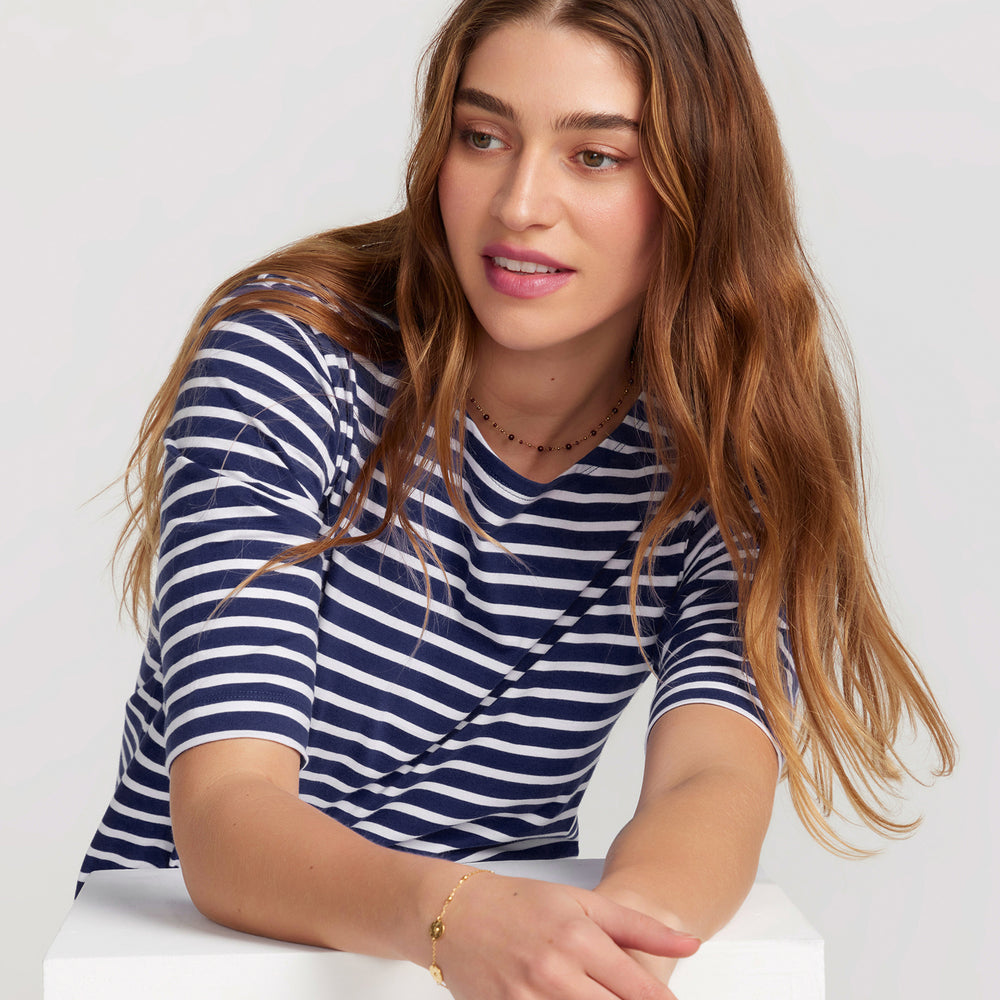 
                      
                        La Bouvier Navy Base White Stripe French Tee - Boat Neck neck
                      
                    